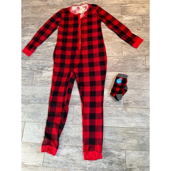 NWT Lucky Brand Pajamas One piece Romper Large Buffalo Plaid w Socks Lounge HoLe - Picture 1 of 12